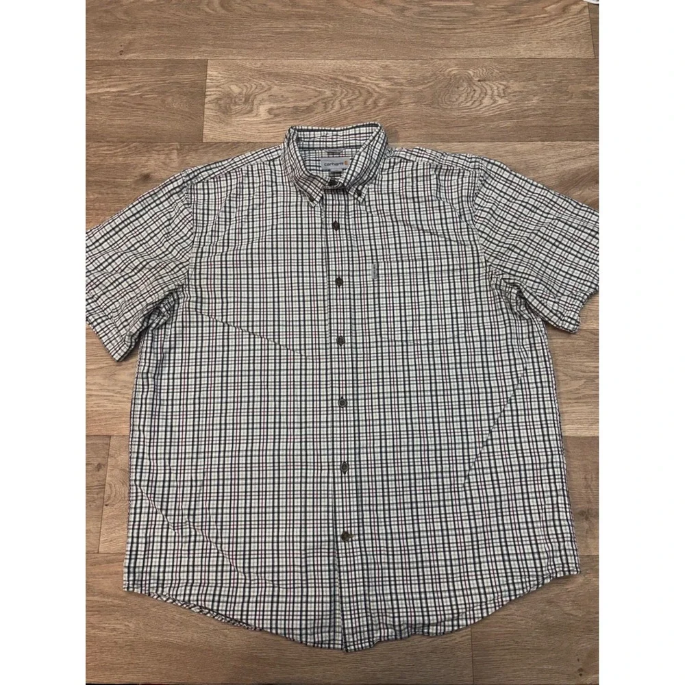 Carhartt Mens Relaxed Fit Short Sleeve Plaid Button Down Shirt XL White Black